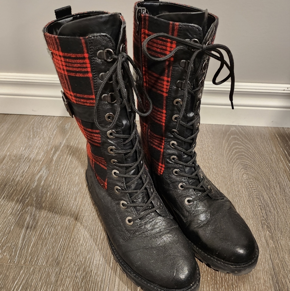 Rieker Black/Red Plaid Boots, Size 8